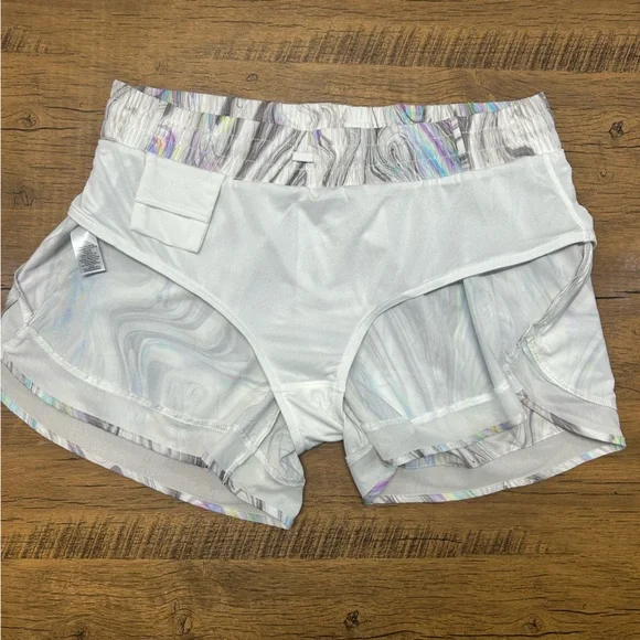 Athleta Mesh Racer Run Short in the "Iridescent Marble Glitch Rainbow" M - Picture 10 of 15